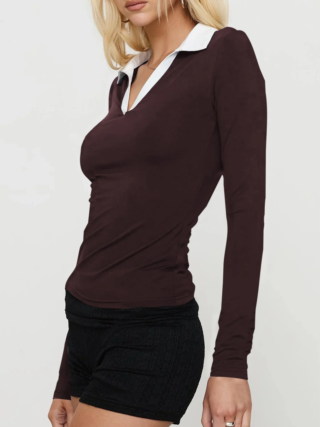Brown Contrast Polo Collared Fitted Top - Image 3