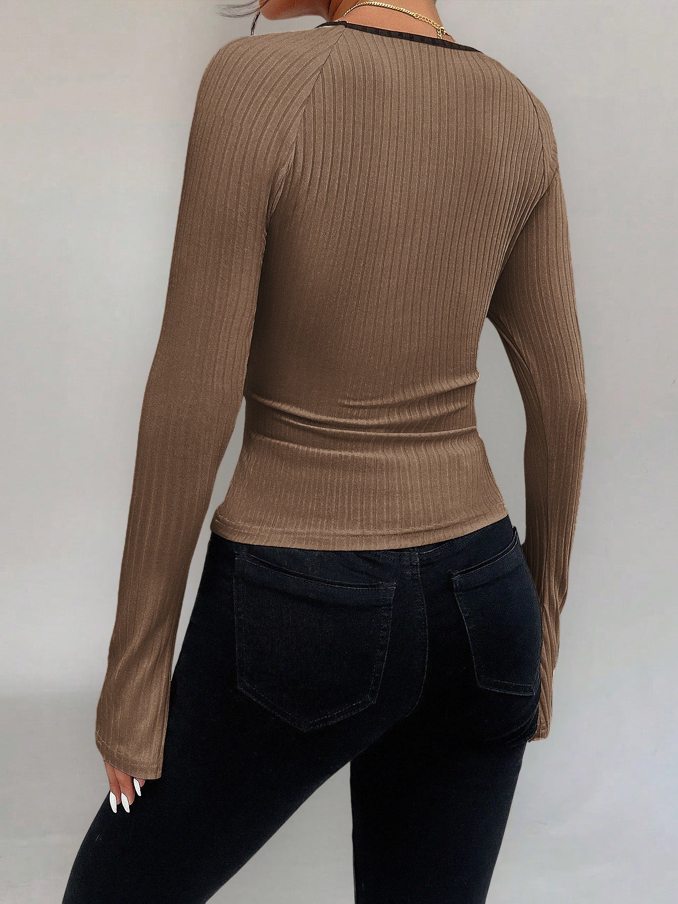 Brown Contrast Tipping Neck Top - Image 2