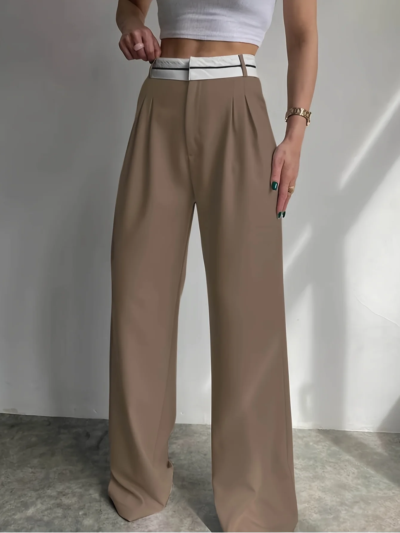 Brown Contrast Waist Wide Leg Pant