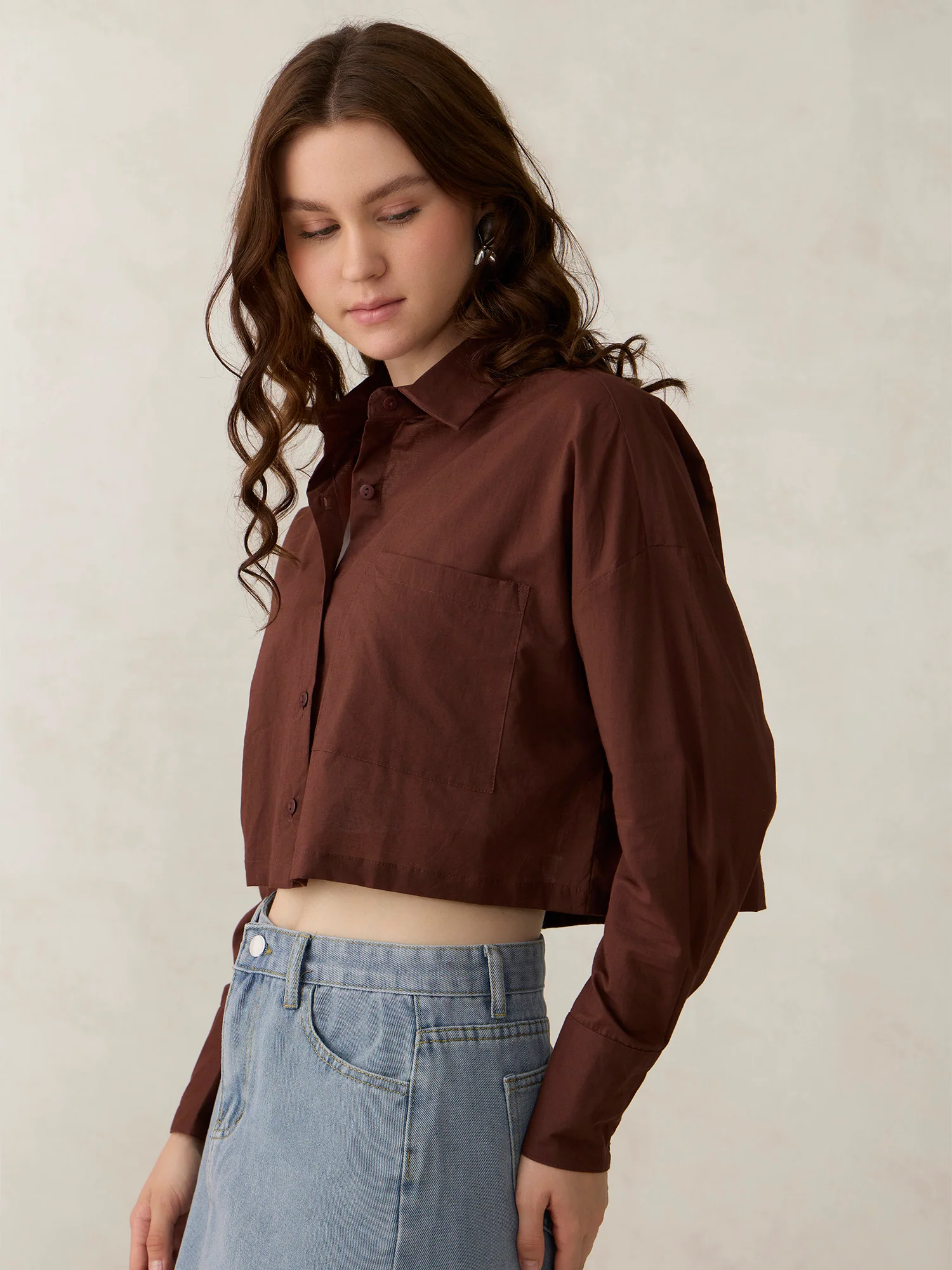 Brown Cropped Solid Shirt - Image 6