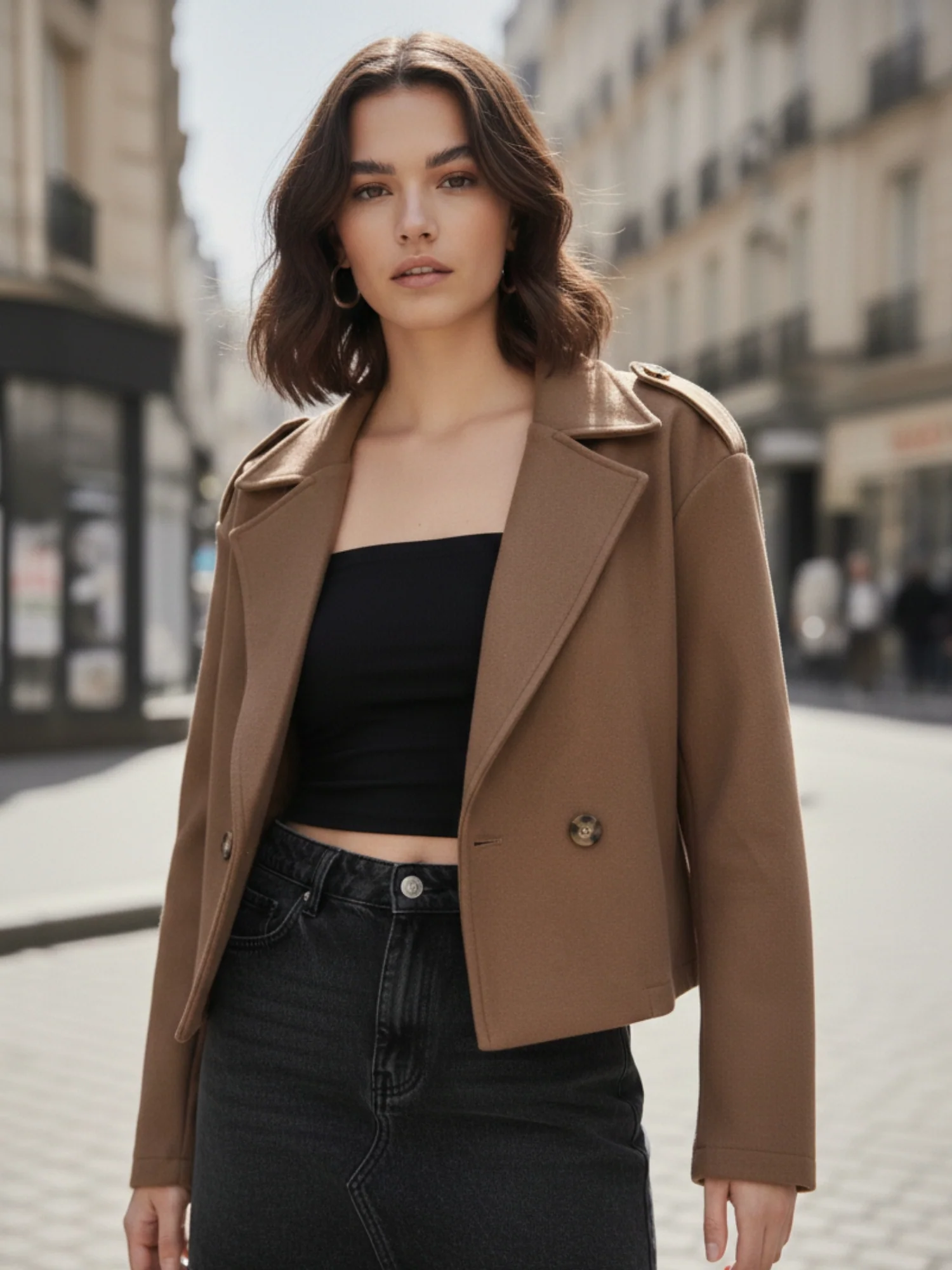 Brown Cropped Stylized Collar Coat - Image 2