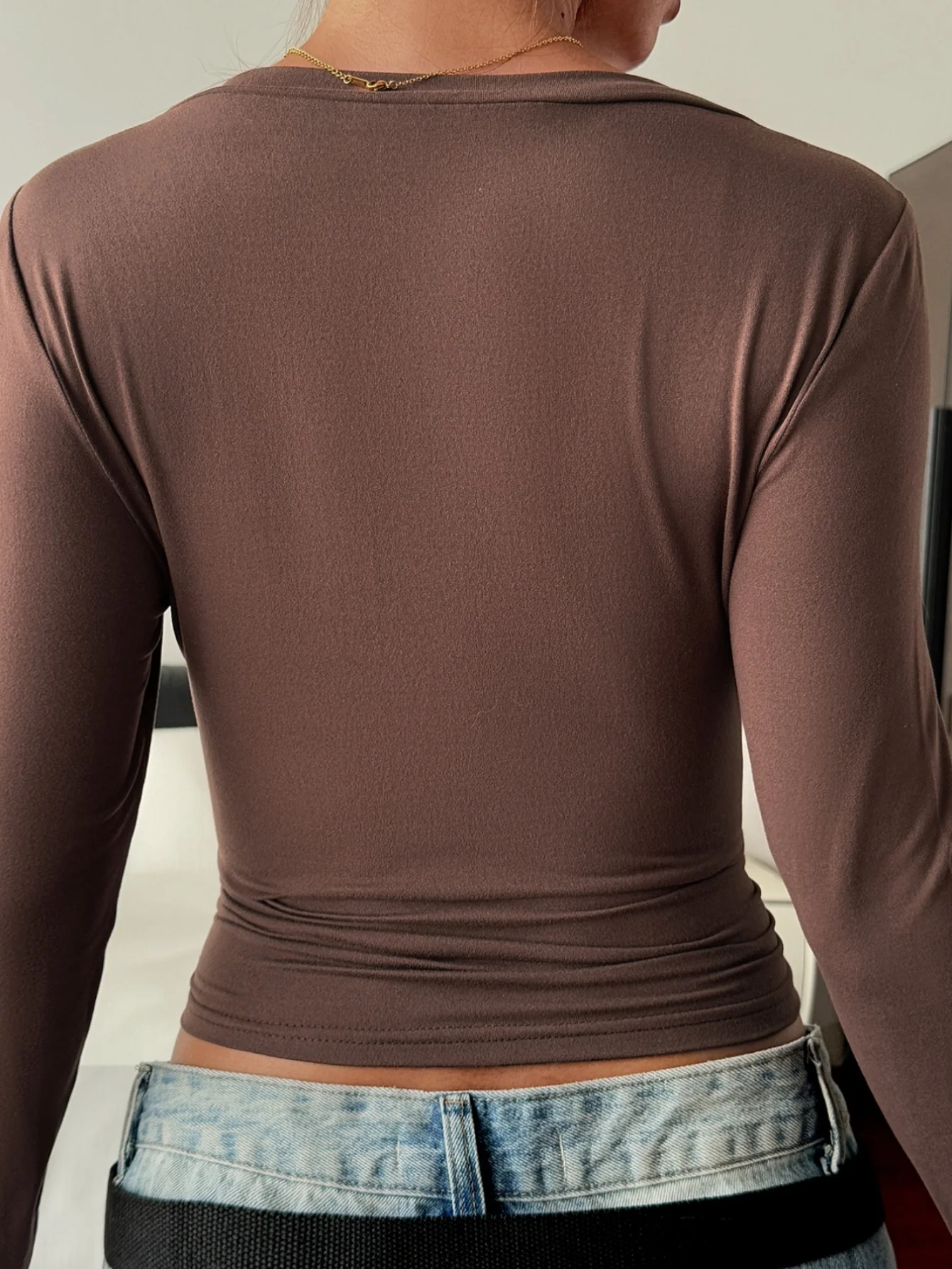 Brown Deep V Neck Fitted Solid Top - Image 2