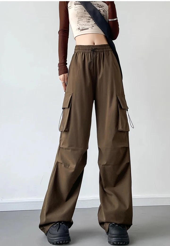 Brown Drawstring Parchute Pin Tucked Cargo Pants