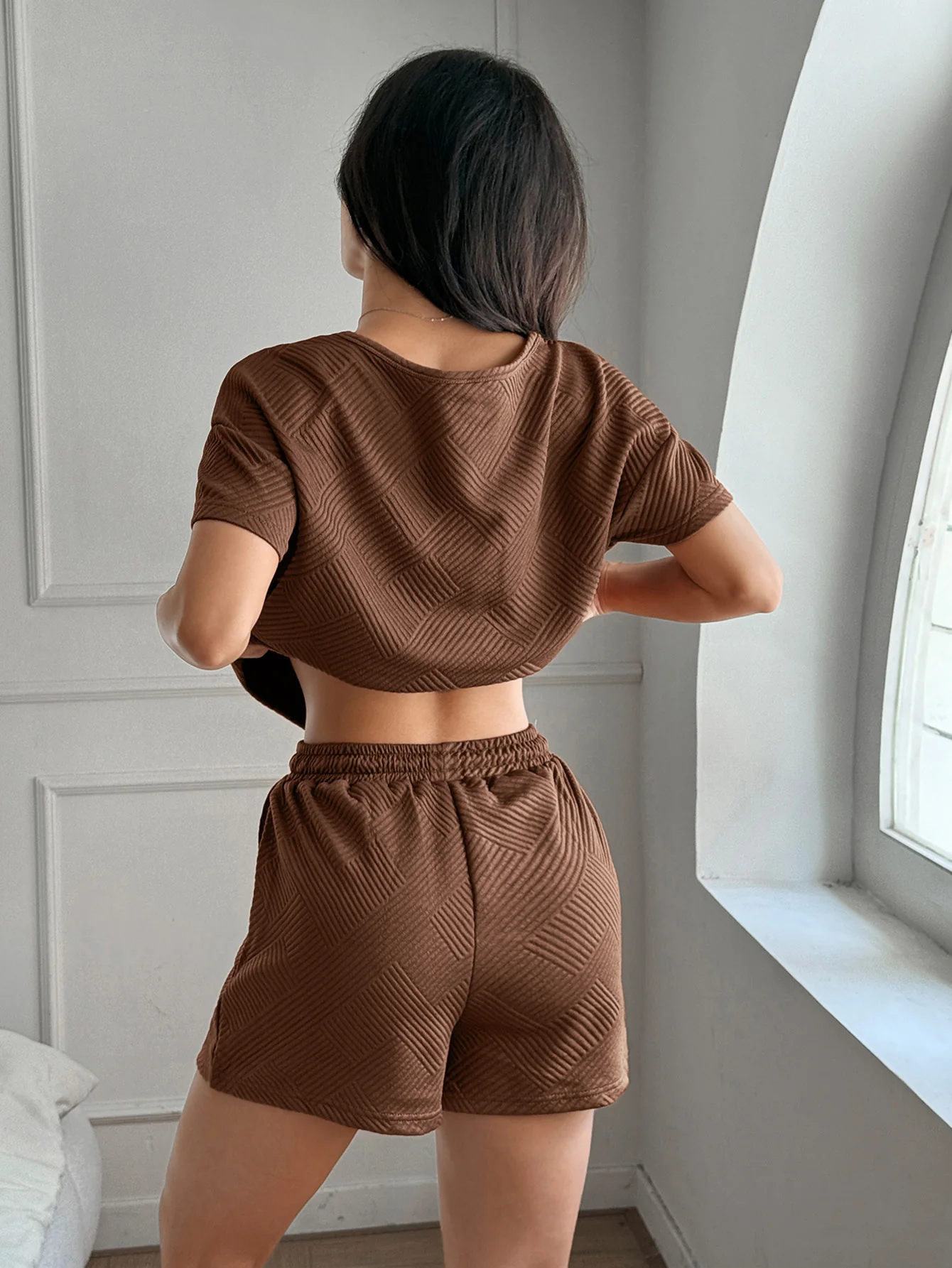 Brown Drop Shoulder Top And Shorts Co-Ord Set - Image 2