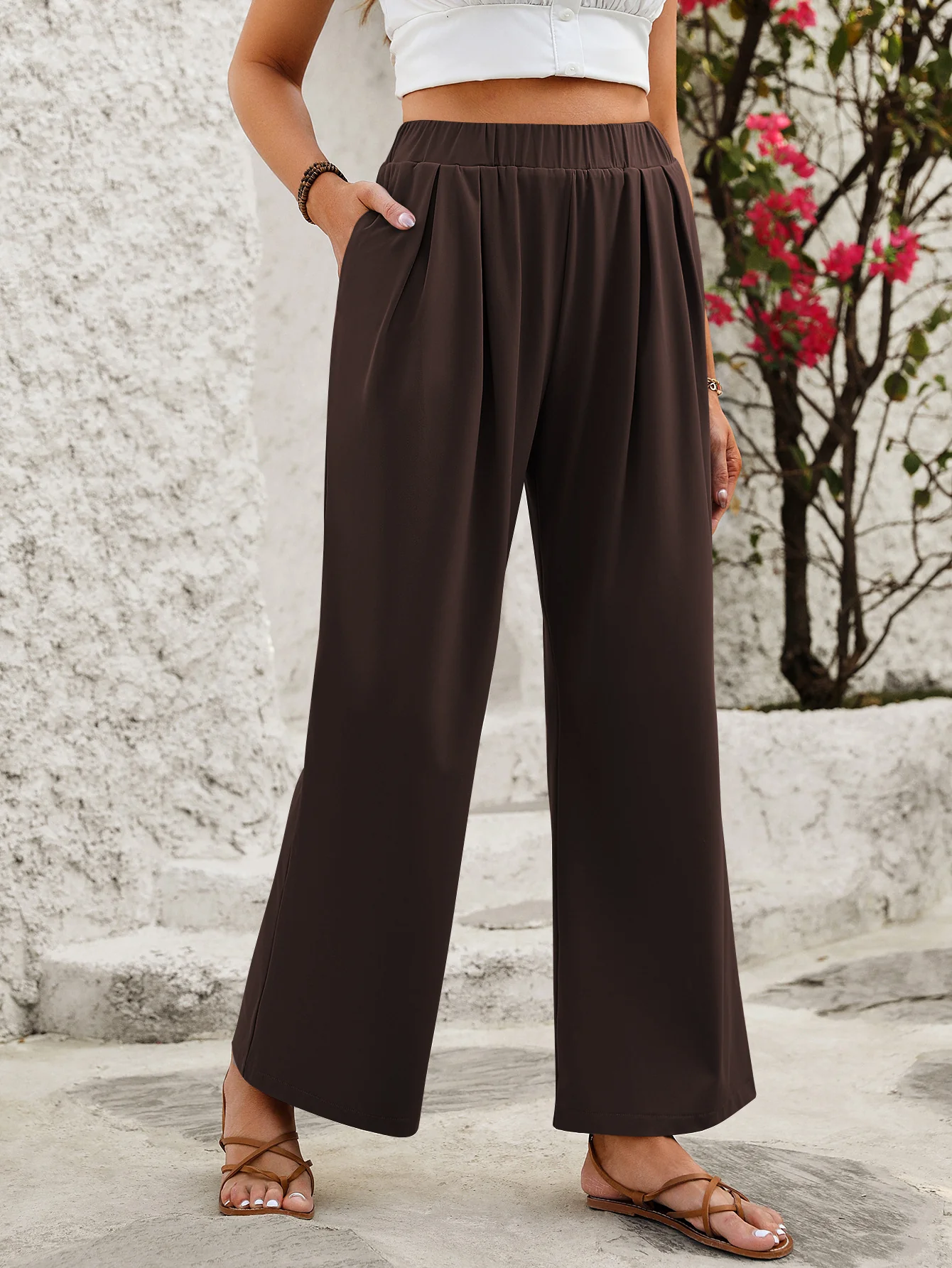 Brown Elasticated Pleated Flared Pants - Image 3