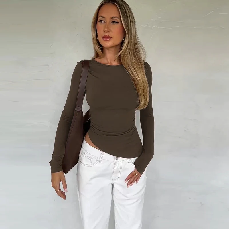 Brown Fitted asymmetric basic solid top