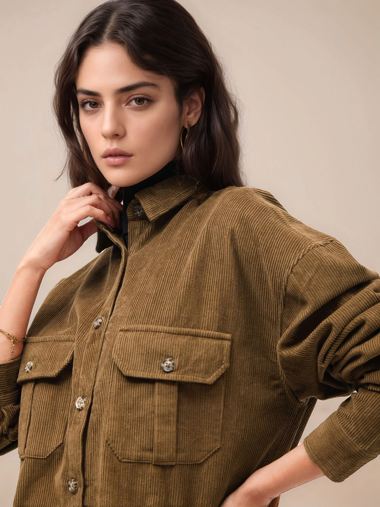 Brown Full Sleeve Double Pockets Corduroy Shirt - Image 3