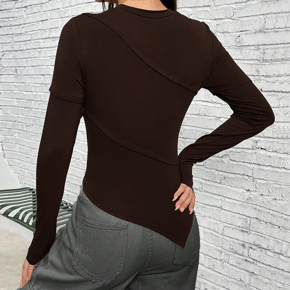 Brown Full Sleeve Fitted Top With Asymmetric Top - Image 2