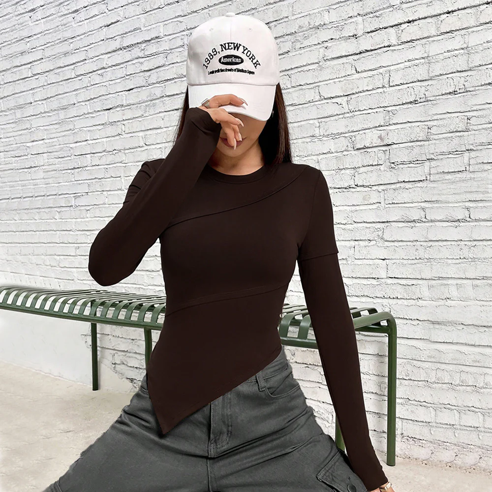 Brown Full Sleeve Fitted Top With Asymmetric Top - Image 3