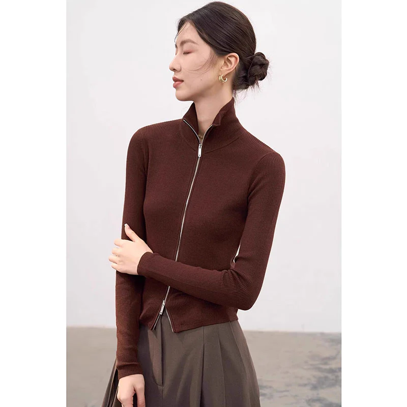 Brown Full Sleeve Front Zip Top