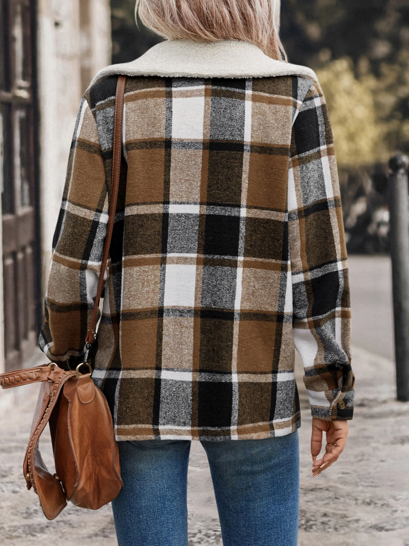 Brown Full Sleeve Fur Collar Plaid Coat - Image 2