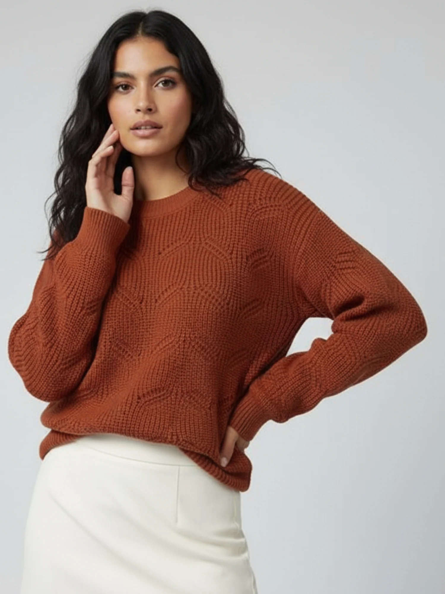 Brown Full Sleeve Round Neck Fur Slouchy Sweater - Image 2
