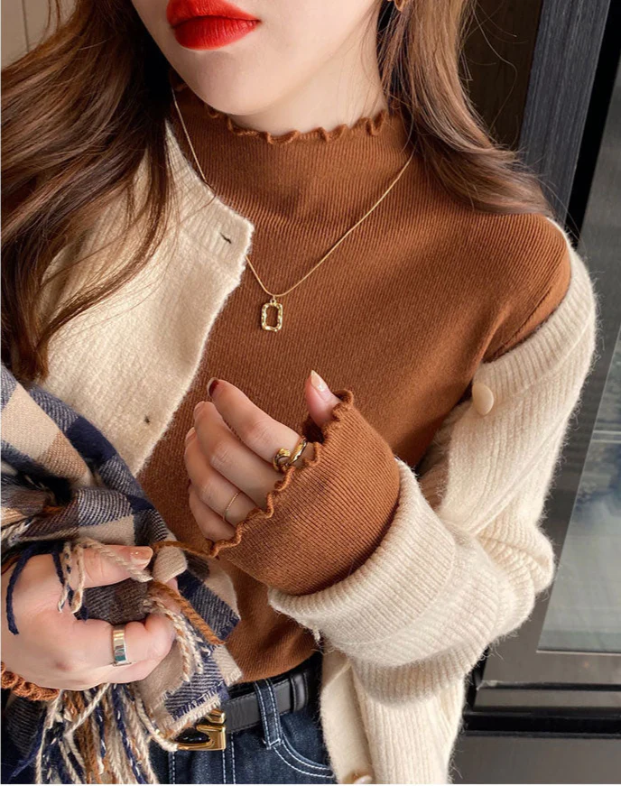 Brown Full Sleeve Scallop Hem Mock Neck Fitted Top - Image 2