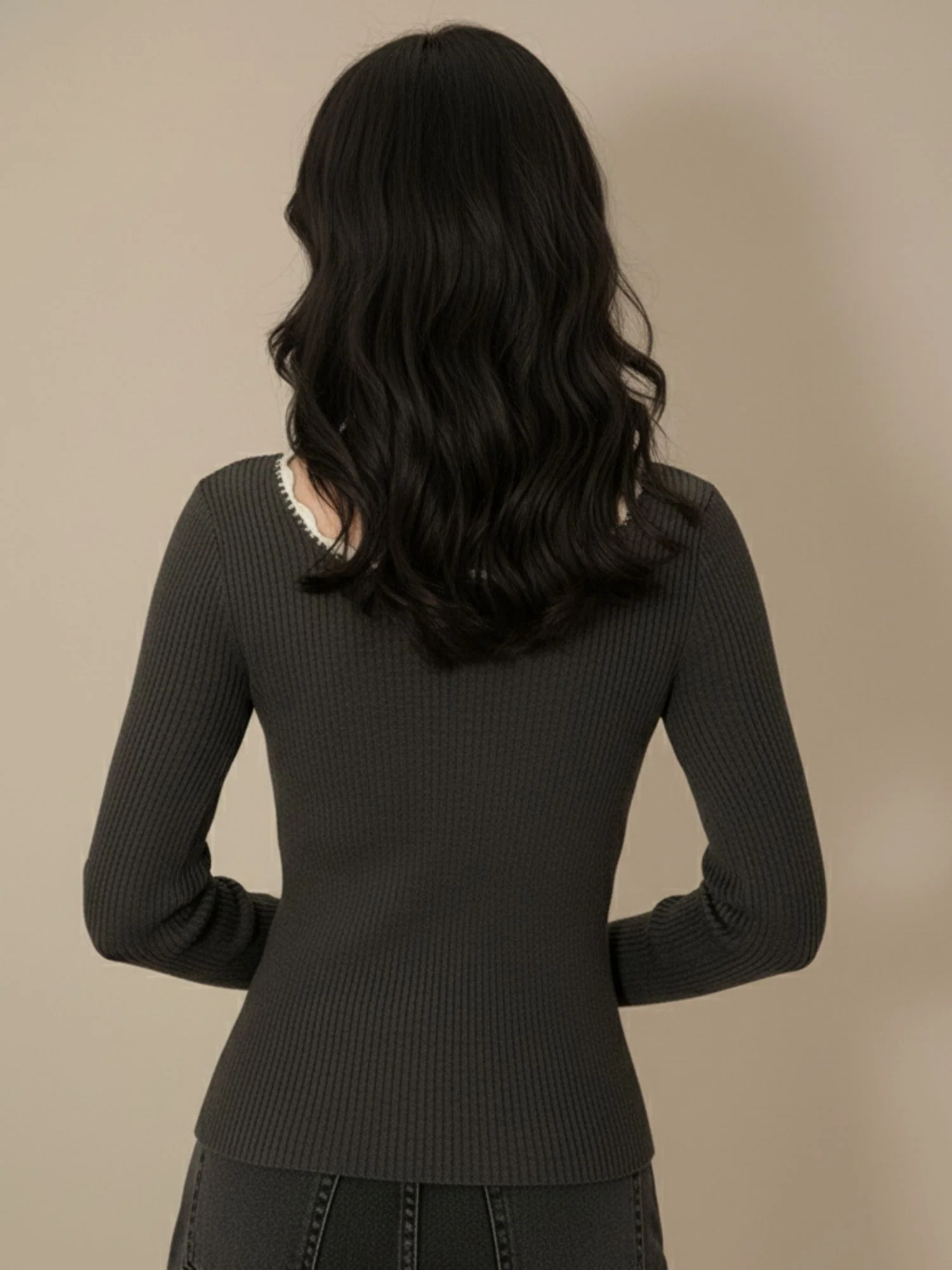 Brown Full Sleeve Scallop Hem Top - Image 2