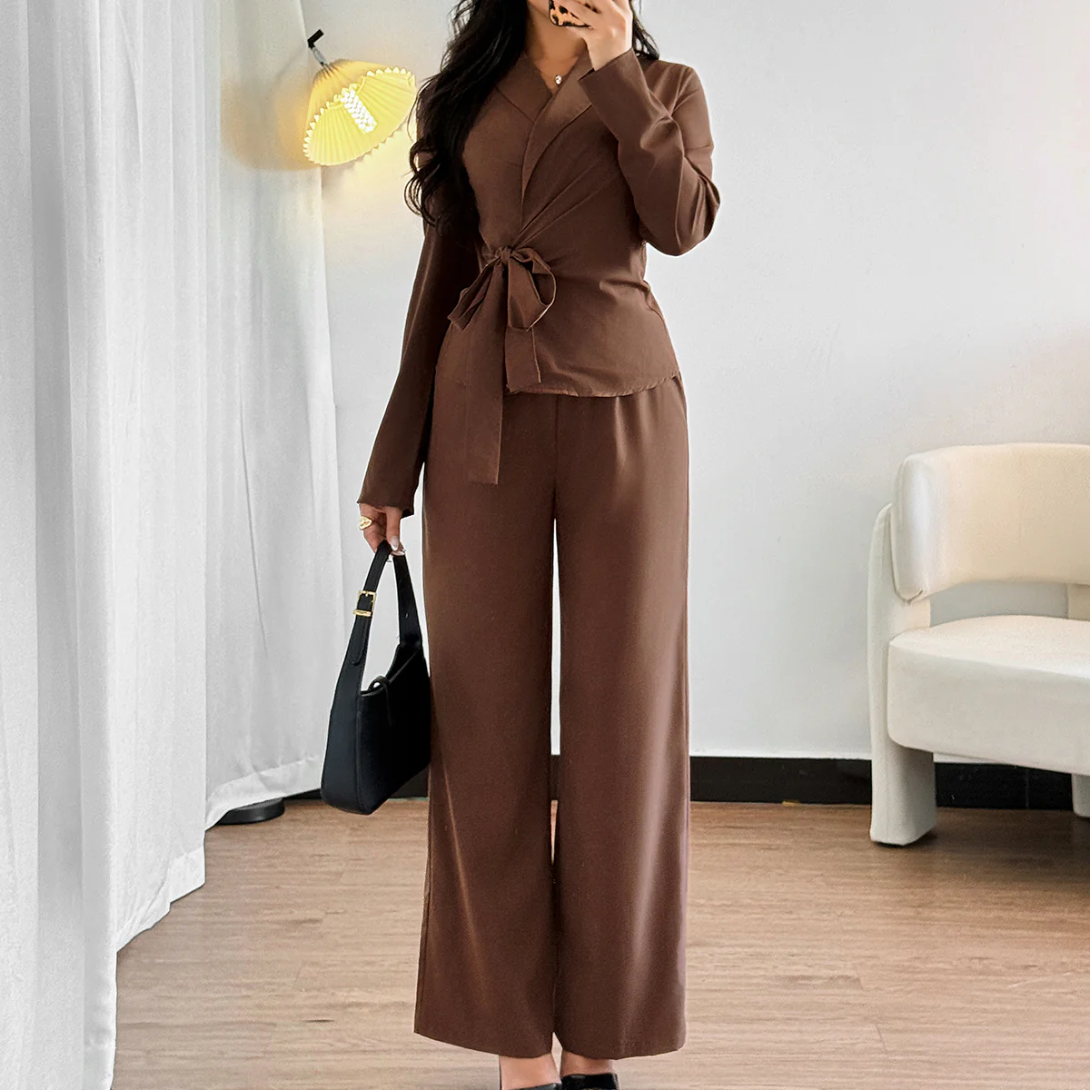 Brown Full Sleeve Wrap Shirt And Pant Set - Image 6