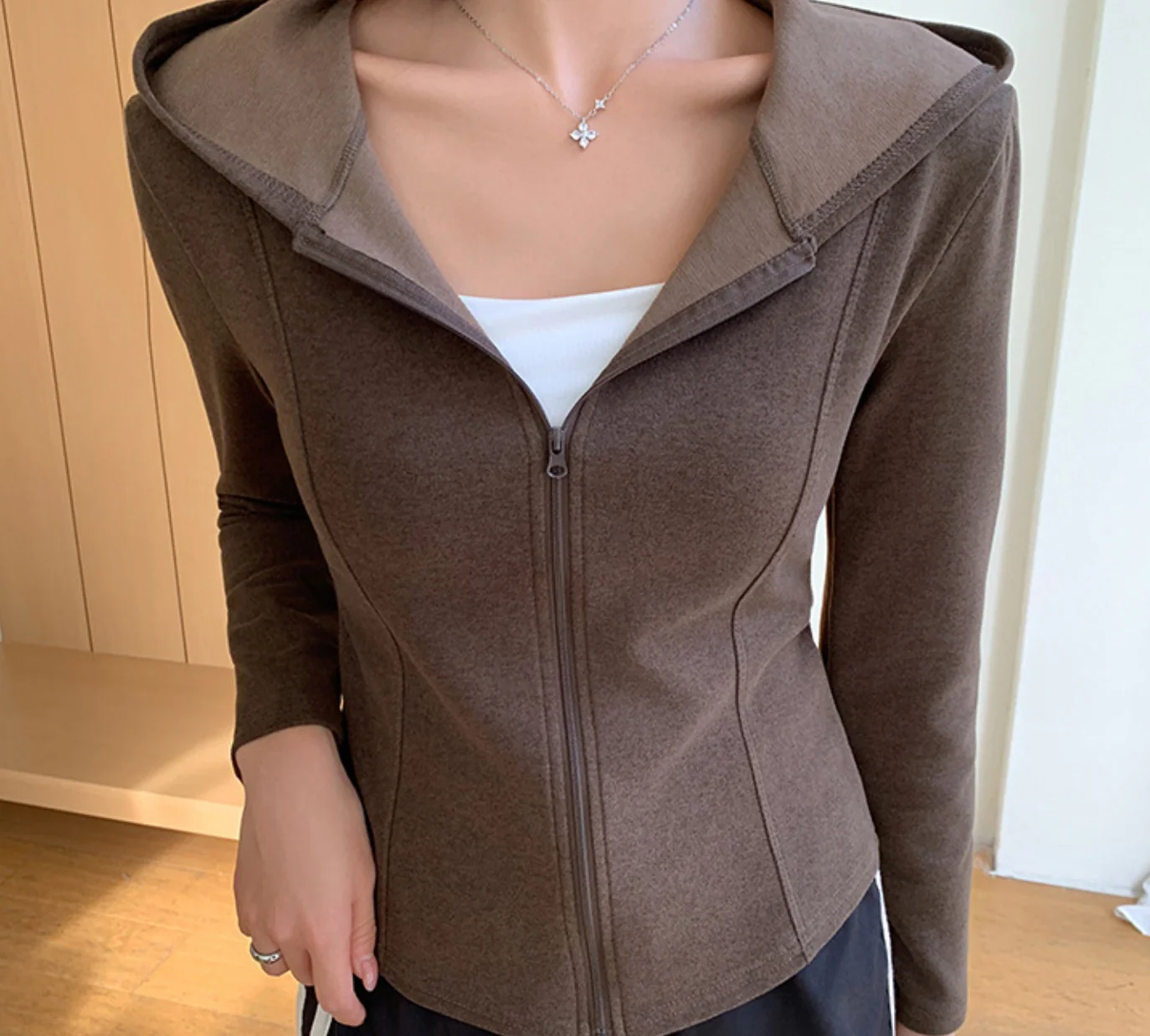 Brown Full Sleeves Front Zip Hooded Jacket - Image 2