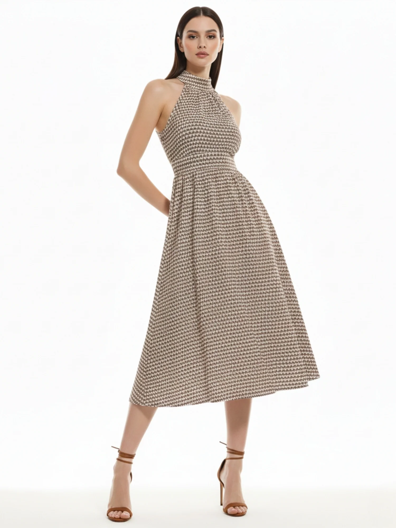 Brown Halter Neck Waist Fitted Dress
