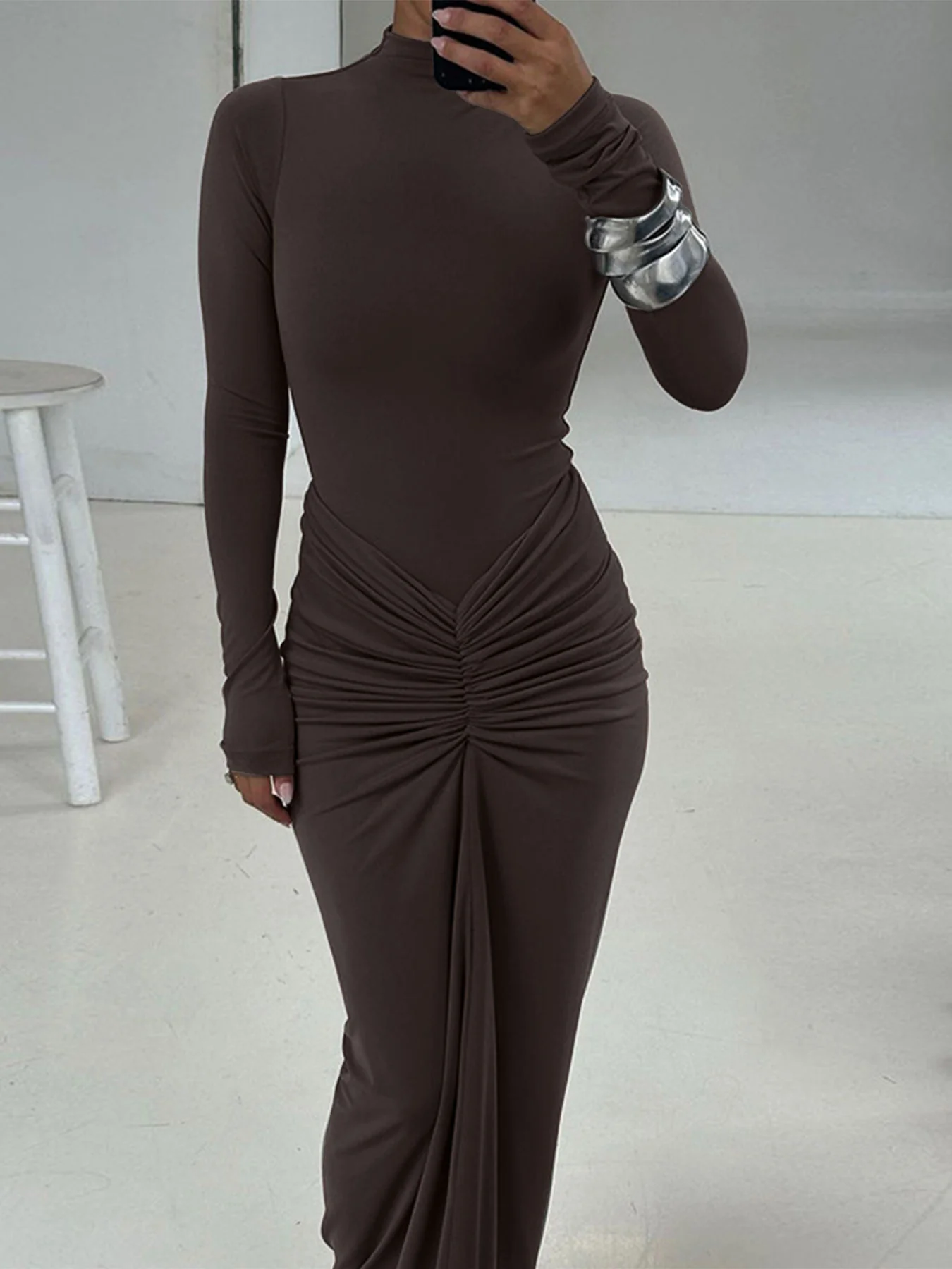 Brown High Neck Bodycon Maxi Dress - Image 3
