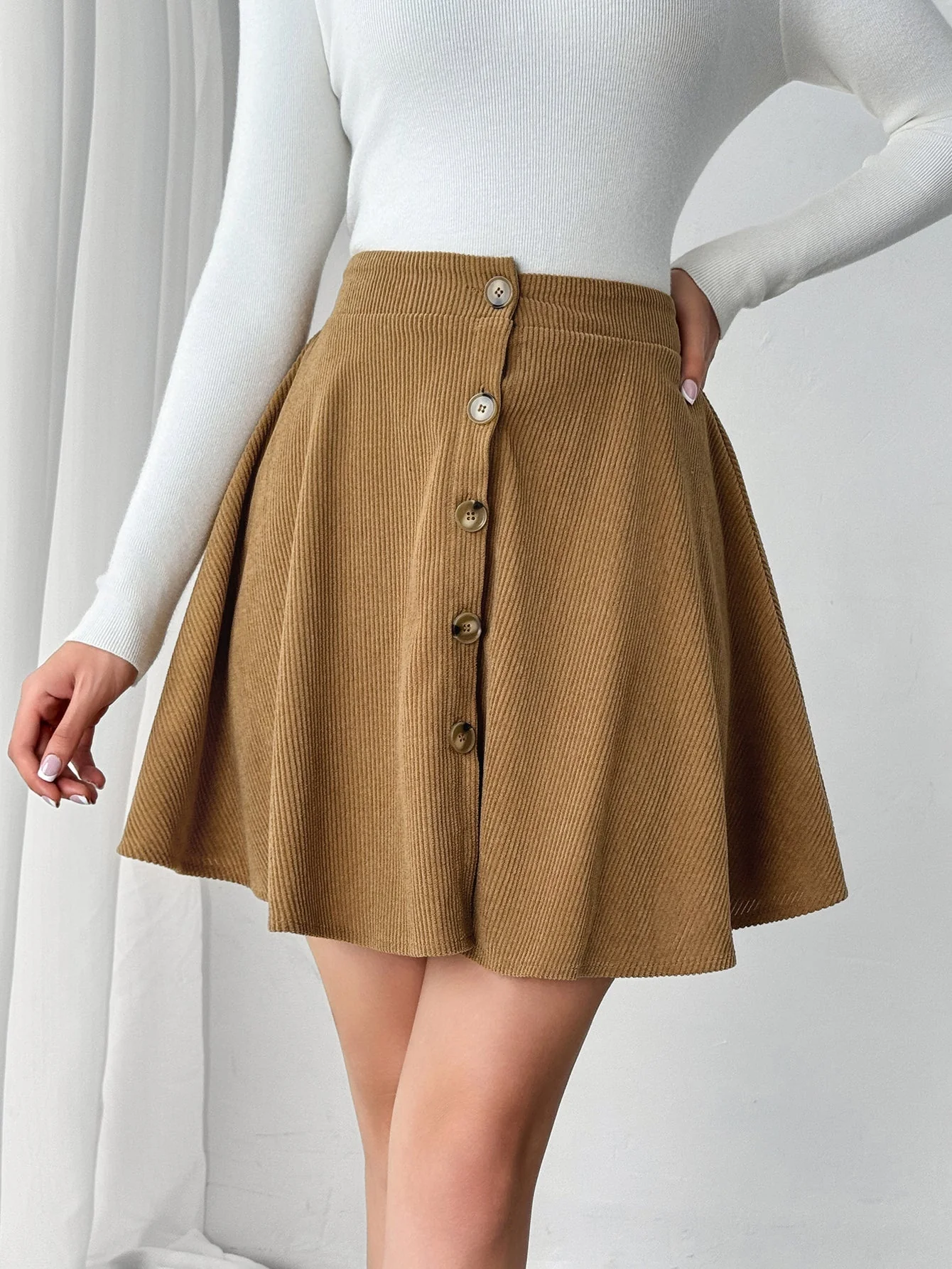 Brown High Waist Front Button Skirt - Image 2