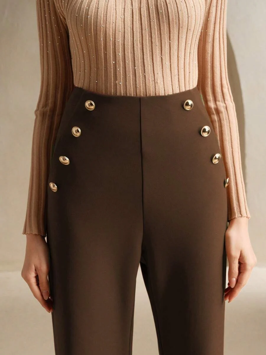 Brown High Waist Metal Trim Pant - Image 4