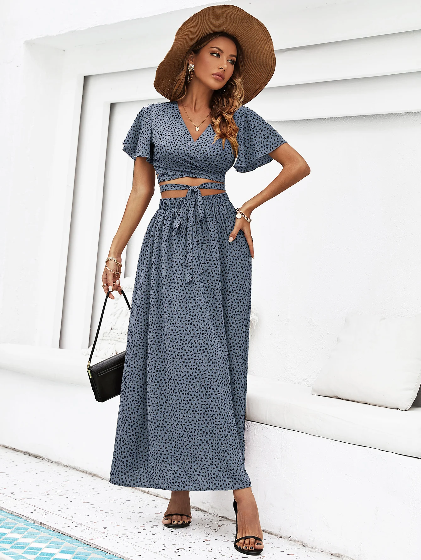 Blue Maxi Skirt And Cropped Top With Tie Up Co Ord Set