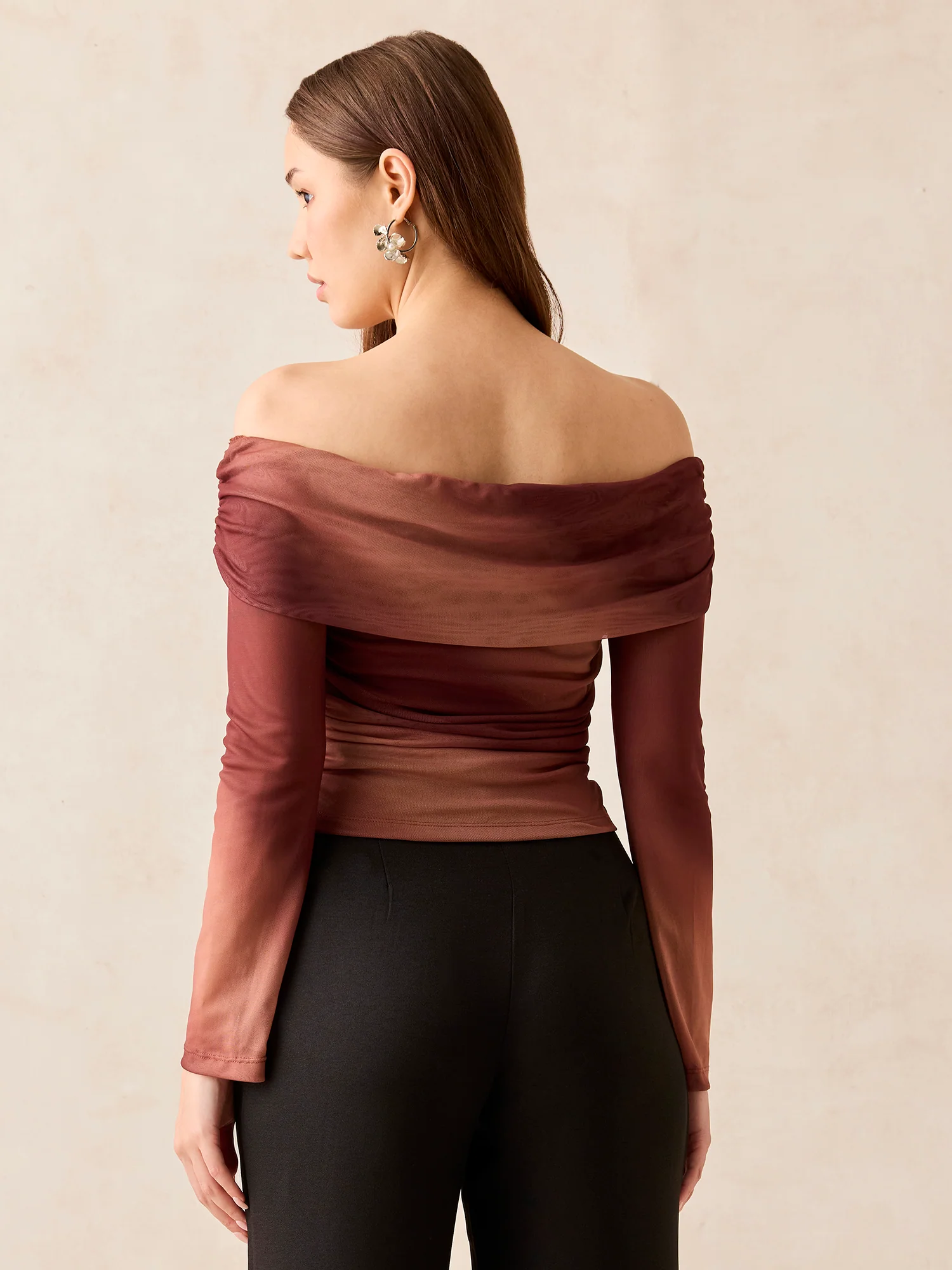 Brown Off Shoulder Mesh Top - Image 2