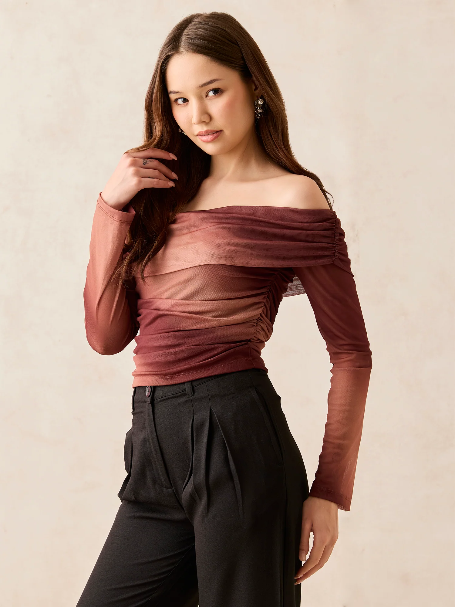 Brown Off Shoulder Mesh Top - Image 4
