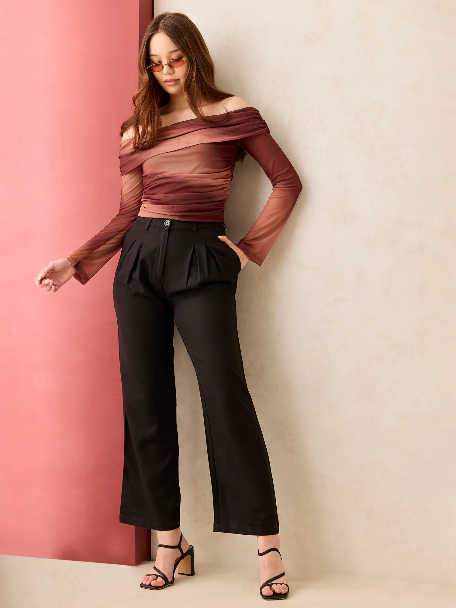 Brown Off Shoulder Mesh Top - Image 5