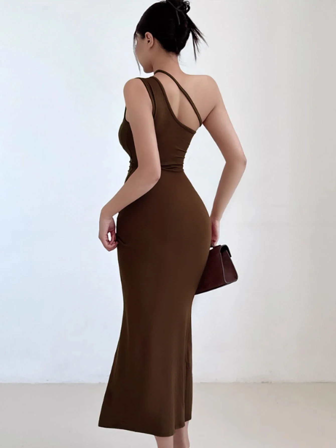 Brown One Shoulder Fitted Dress - Image 2