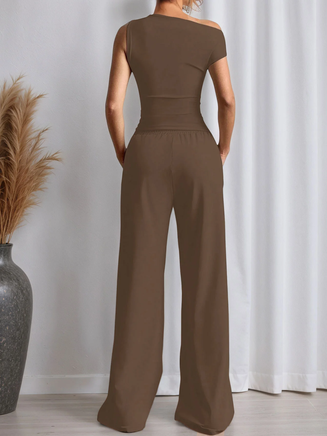 Brown One Shoulder Sleeve Asymmetrical Top And Pant Set - Image 2