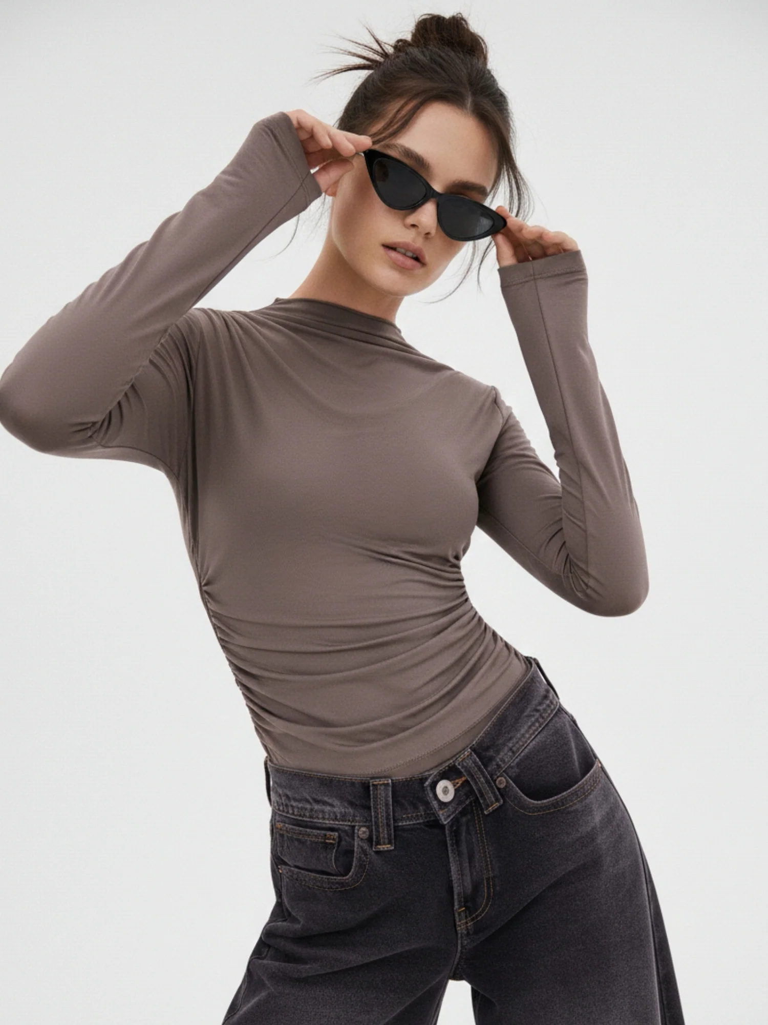 Brown One Side Ruched Fitted Top - Image 3