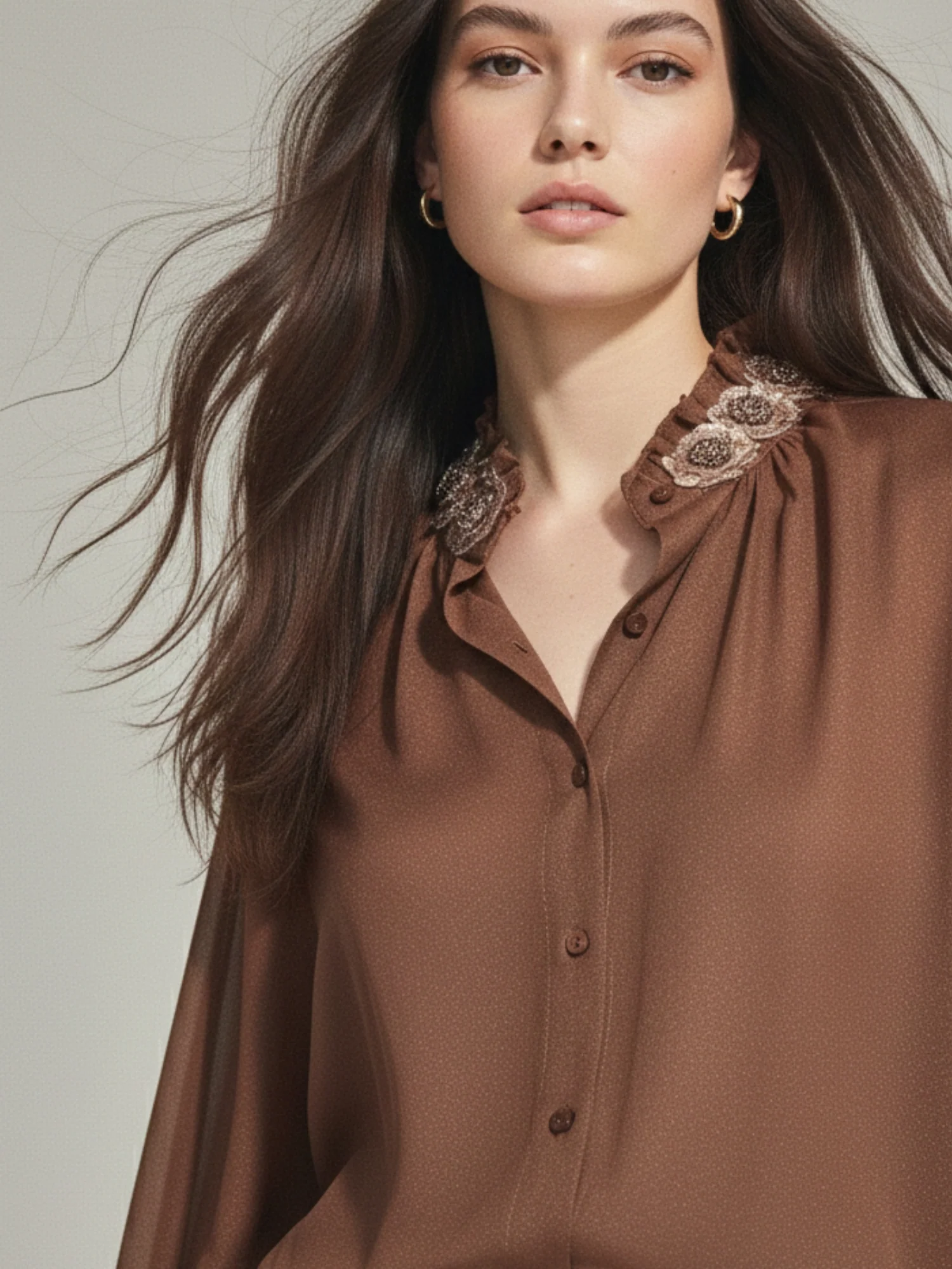 Brown Partywear Embellished Floral Applique Shirt - Image 2