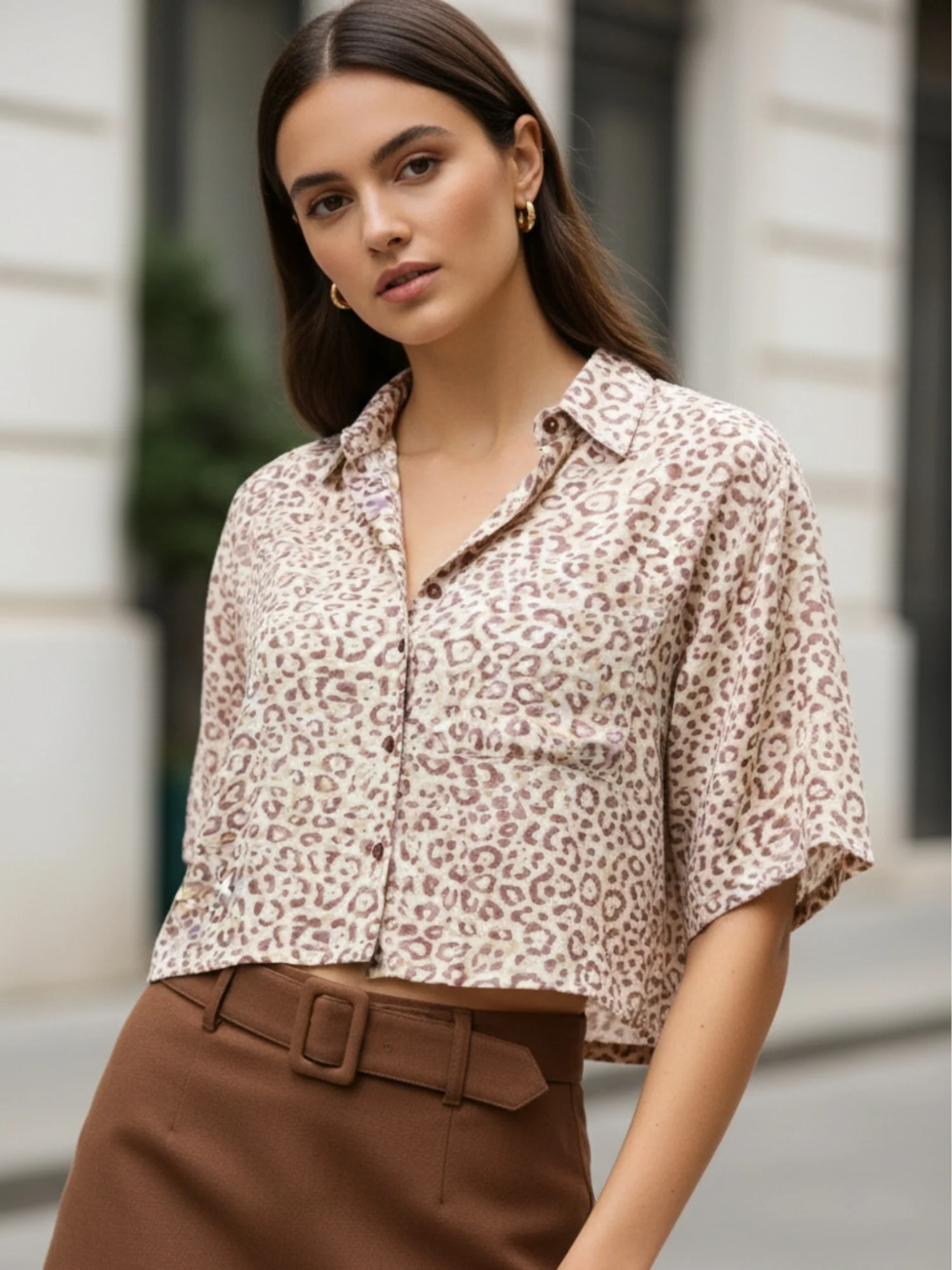 Brown Printed Cropped Shirt - Image 2