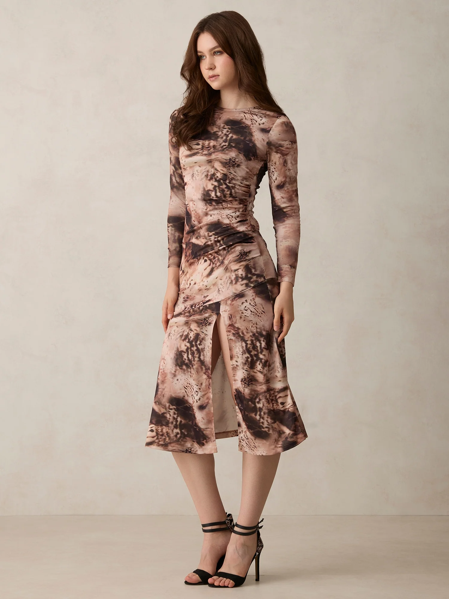 Brown Printed Midi Dress With Slit - Image 3