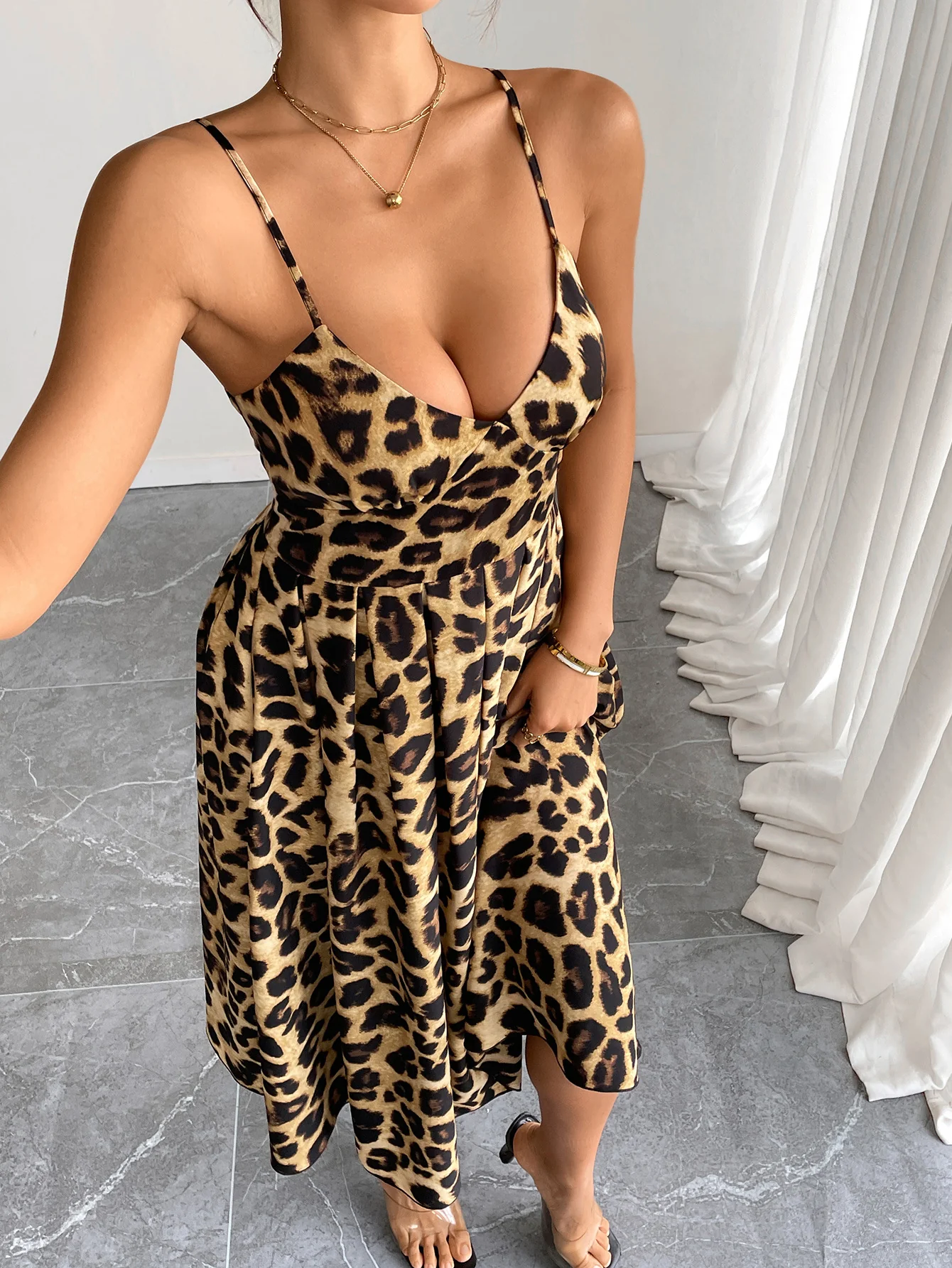 Brown Printed Spaghetti Strap Dress - Image 3