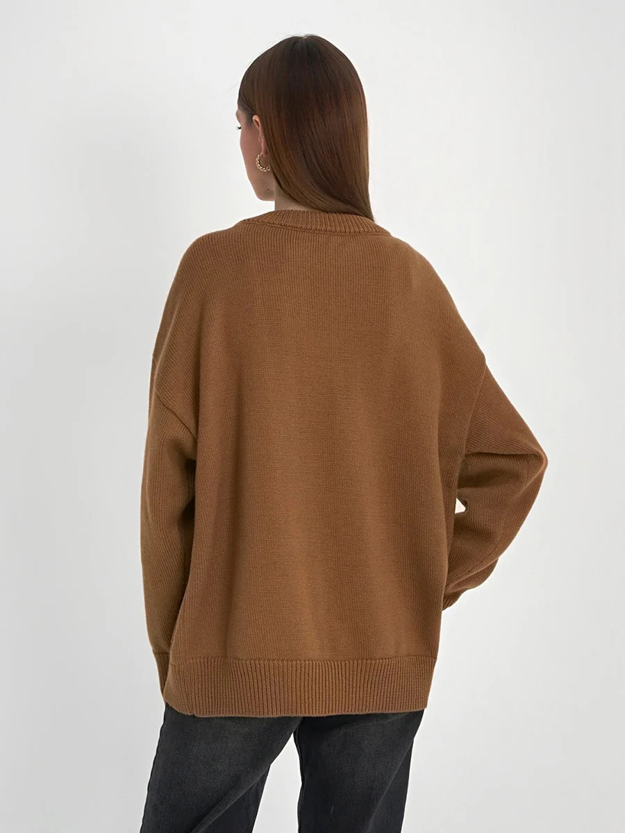 Brown Relaxed High Neck Solid Sweater - Image 2