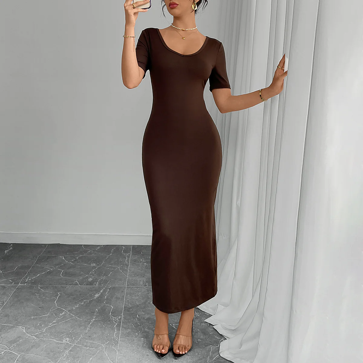 Brown Round Neck Dress - Image 6