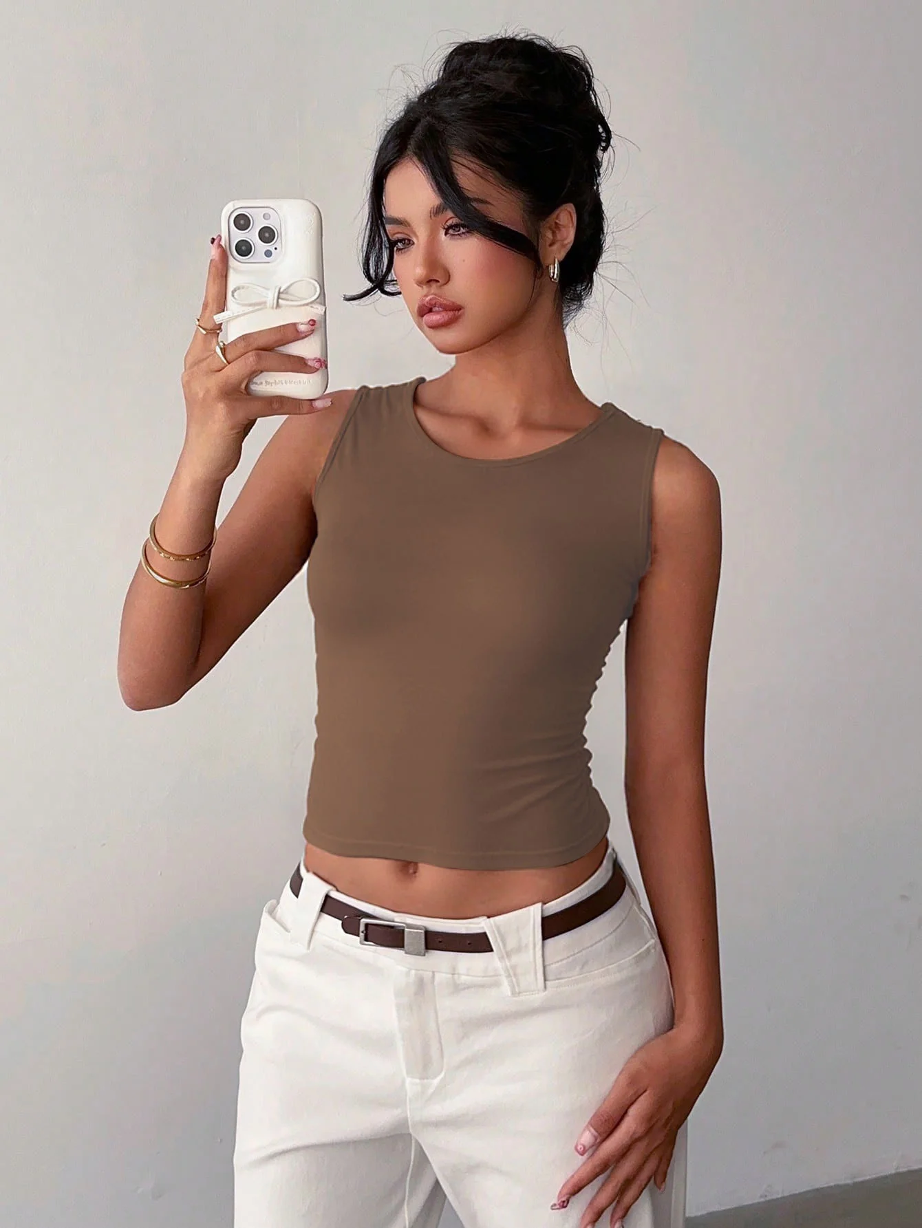 Brown Round Neck Sleeveless Top - Image 6