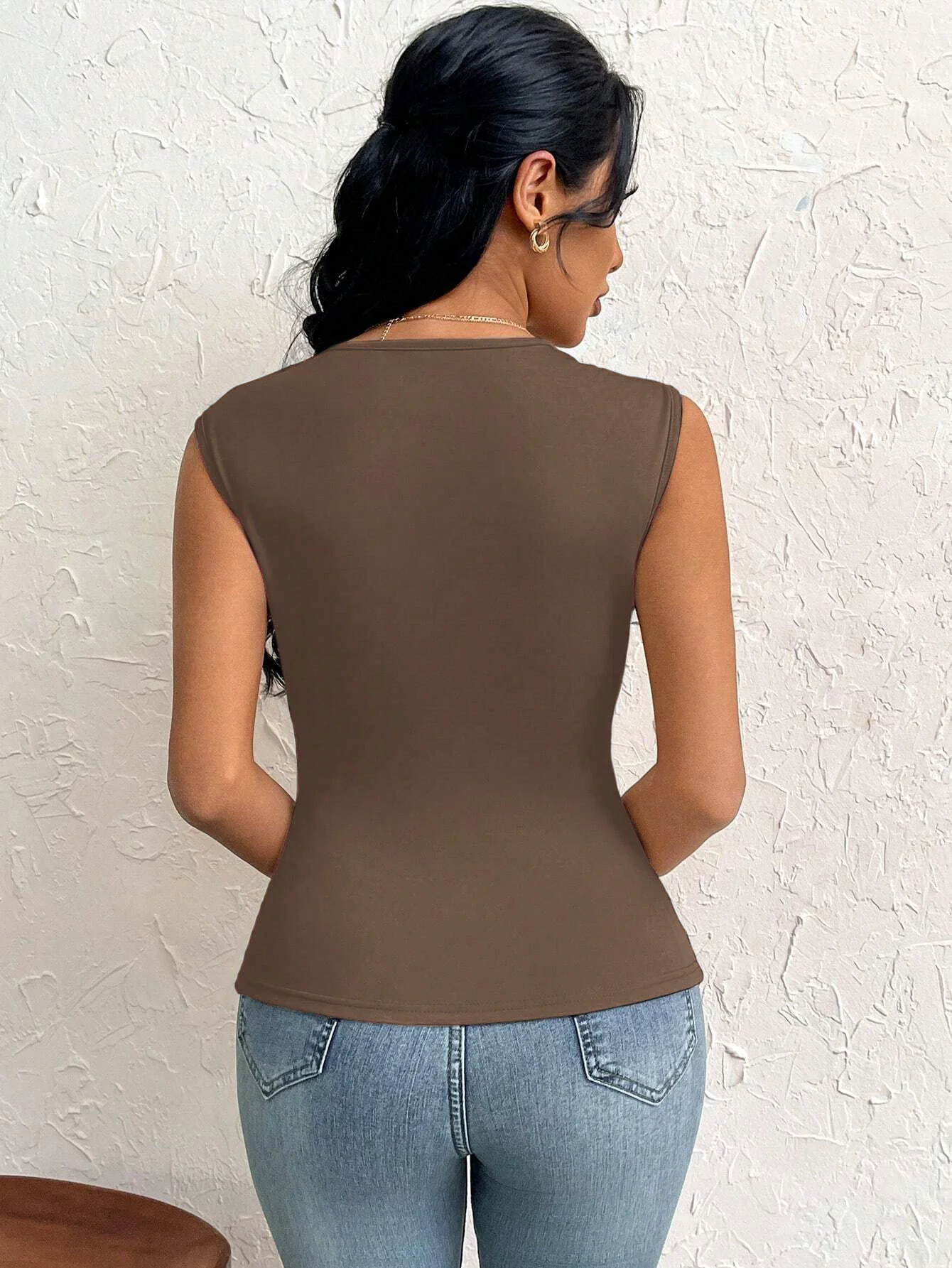 Brown Sleeveless Cut-Out Detail Top - Image 2