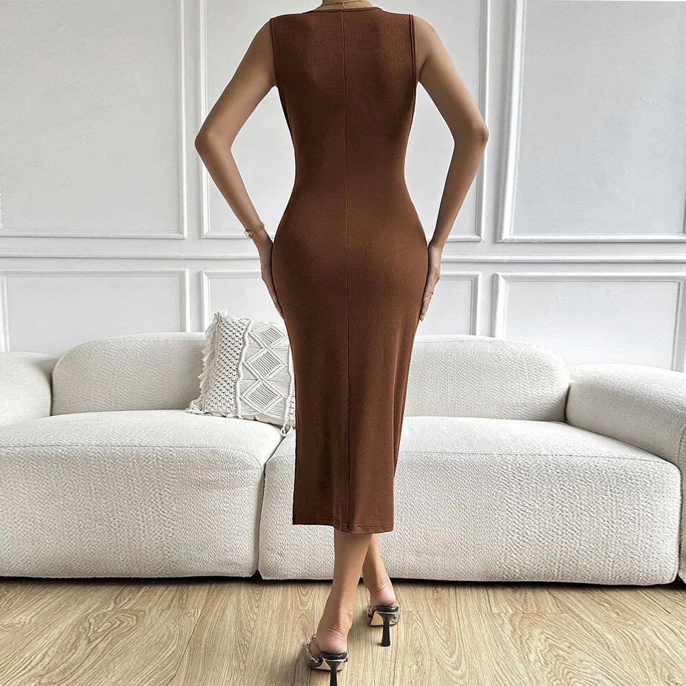 Brown Sleeveless Front Knot Twisted Dress - Image 2