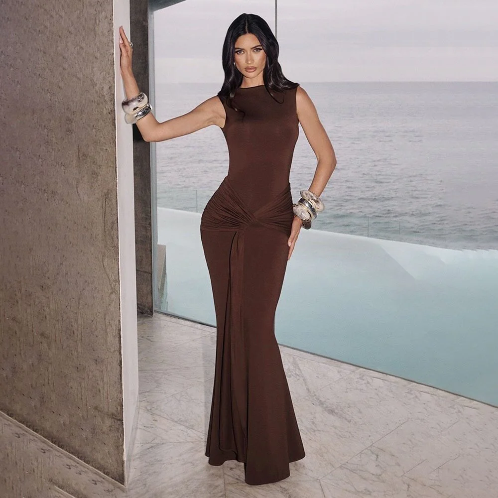 Brown Sleeveless Waist Tie-Up Dress - Image 4