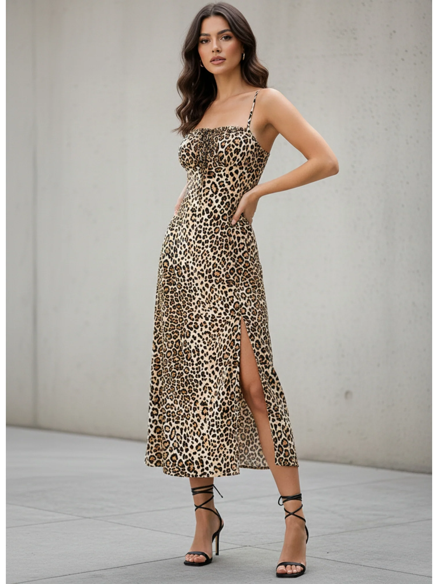 Brown Spaghetti Strap Animal Printed Dress