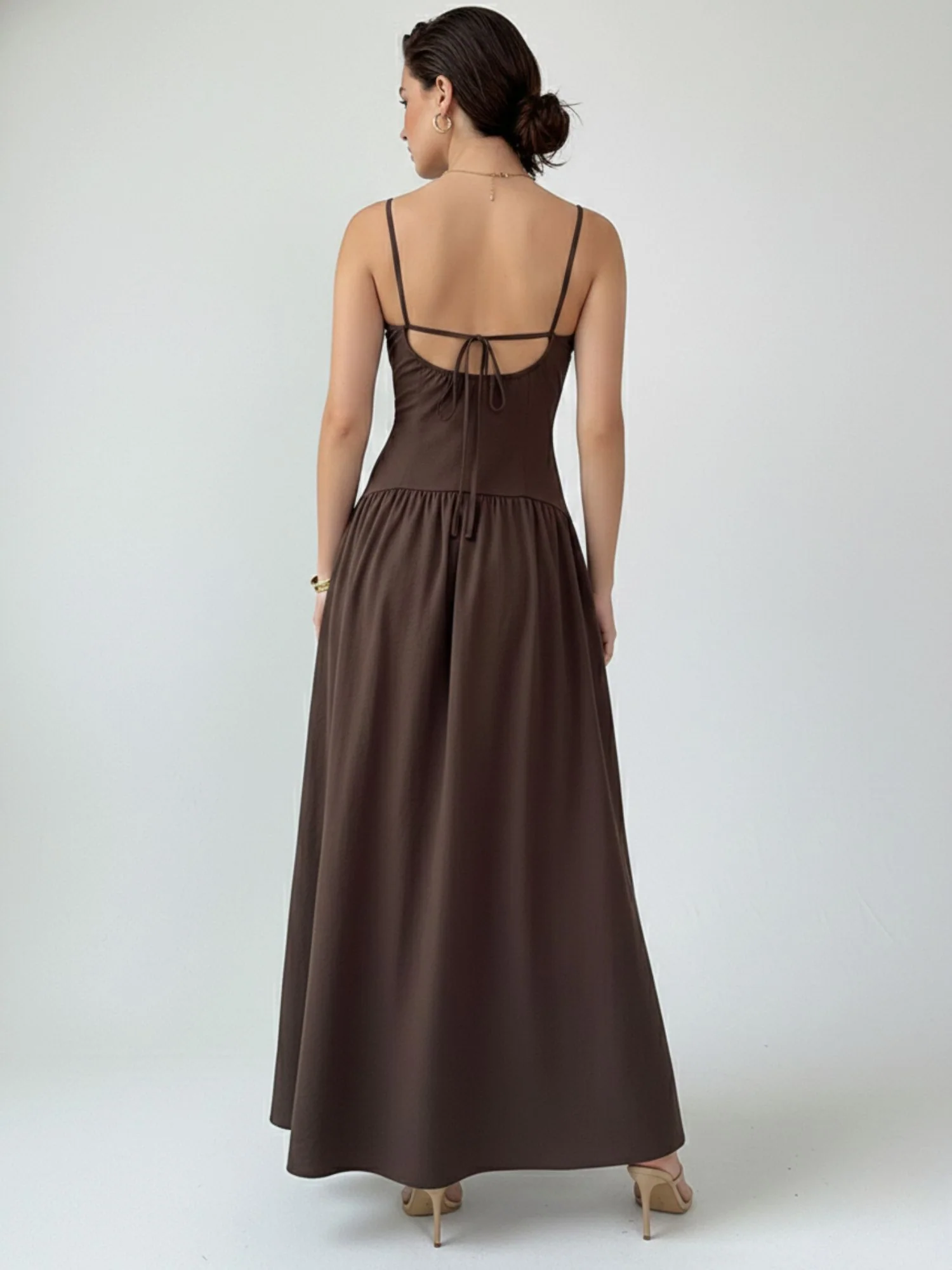 Brown Spaghetti Strap Drop Waist Dress - Image 4