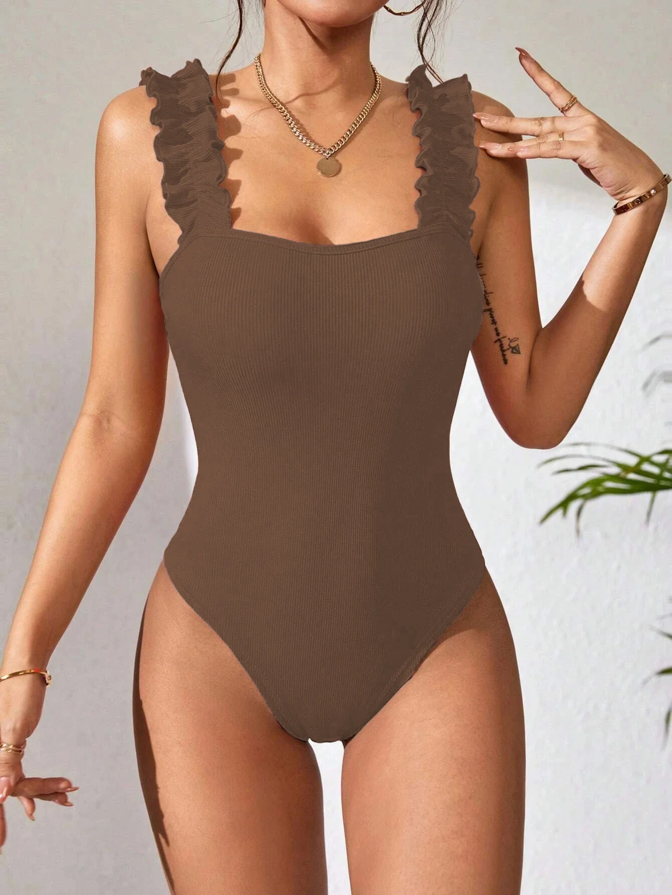 Brown Square Neck Ruffle Bodysuit - Image 3