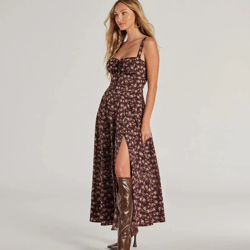 Brown Strapless Slit Midi Dress - Image 2