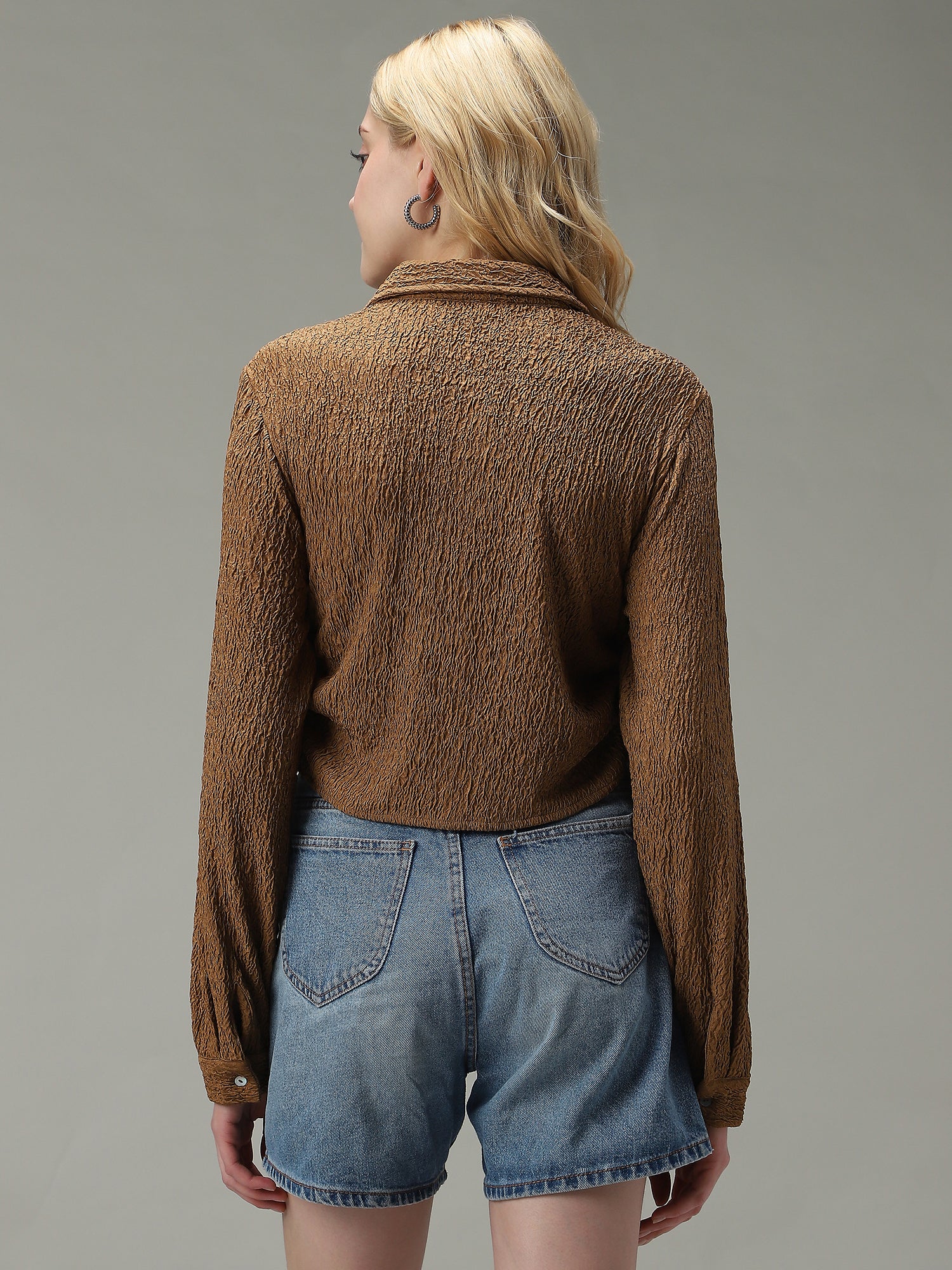 Brown Textured Crop Shirt - Image 2