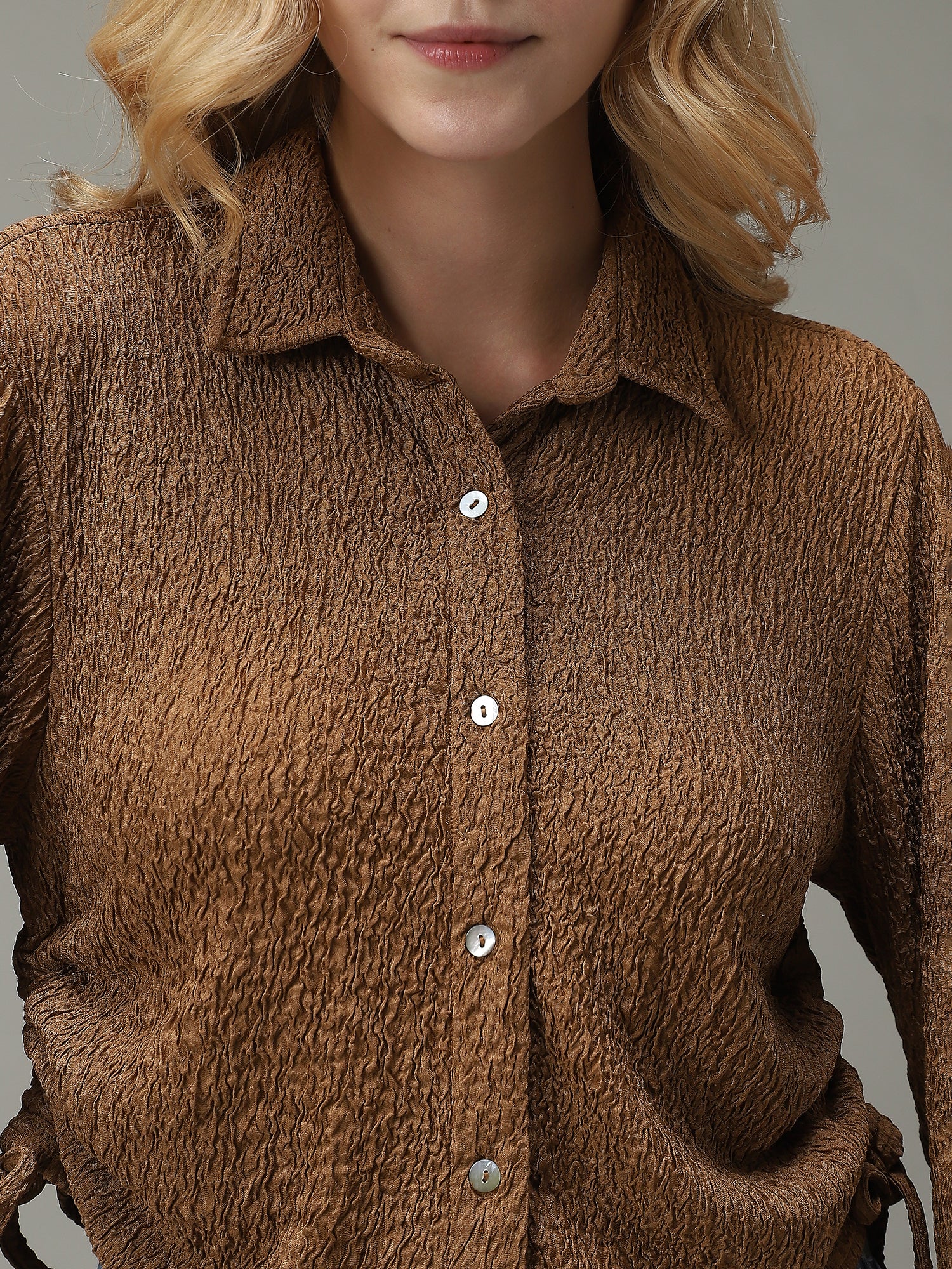Brown Textured Crop Shirt - Image 3