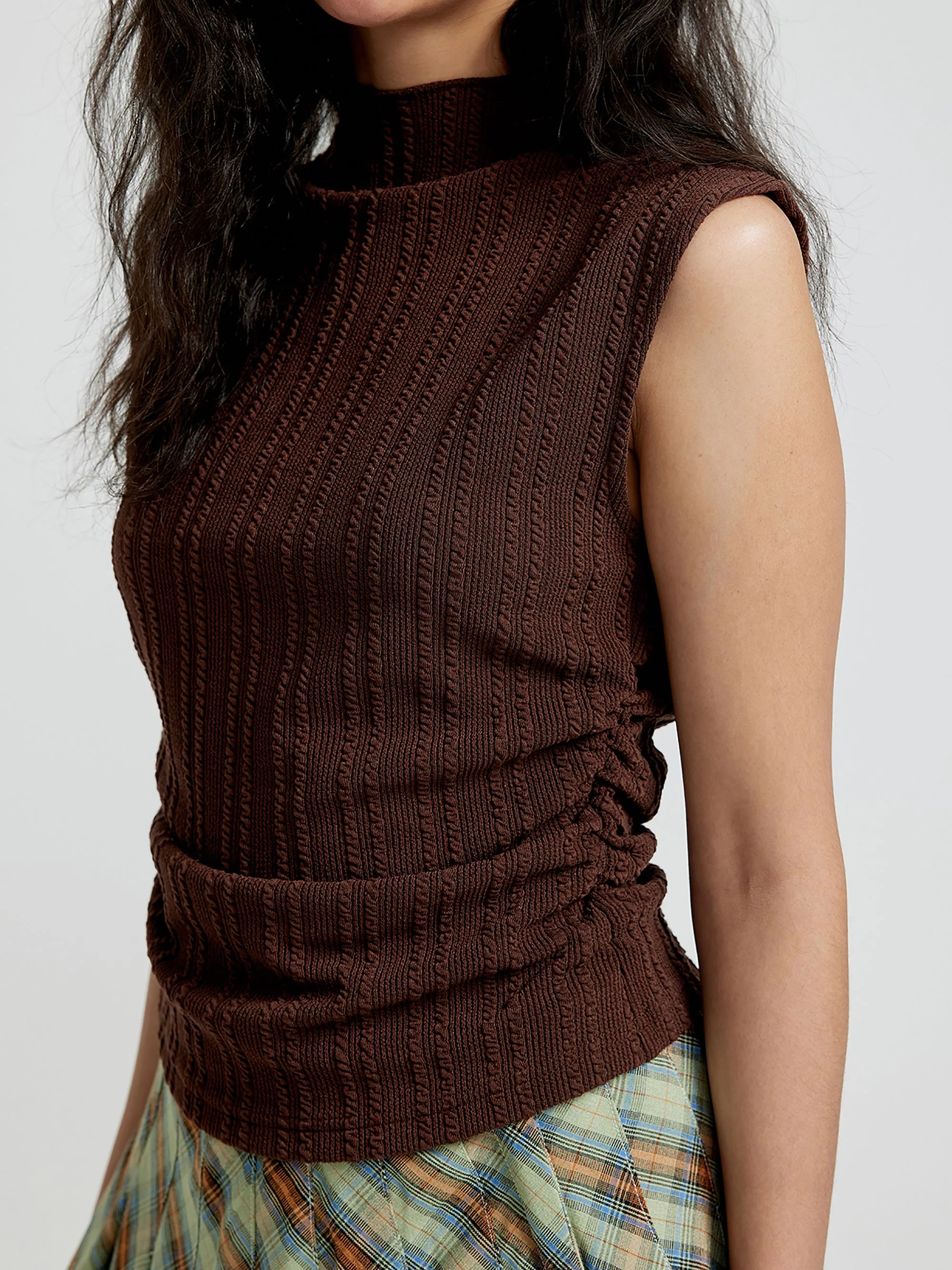 Brown Textured Knit Top With Side Ruching - Image 3