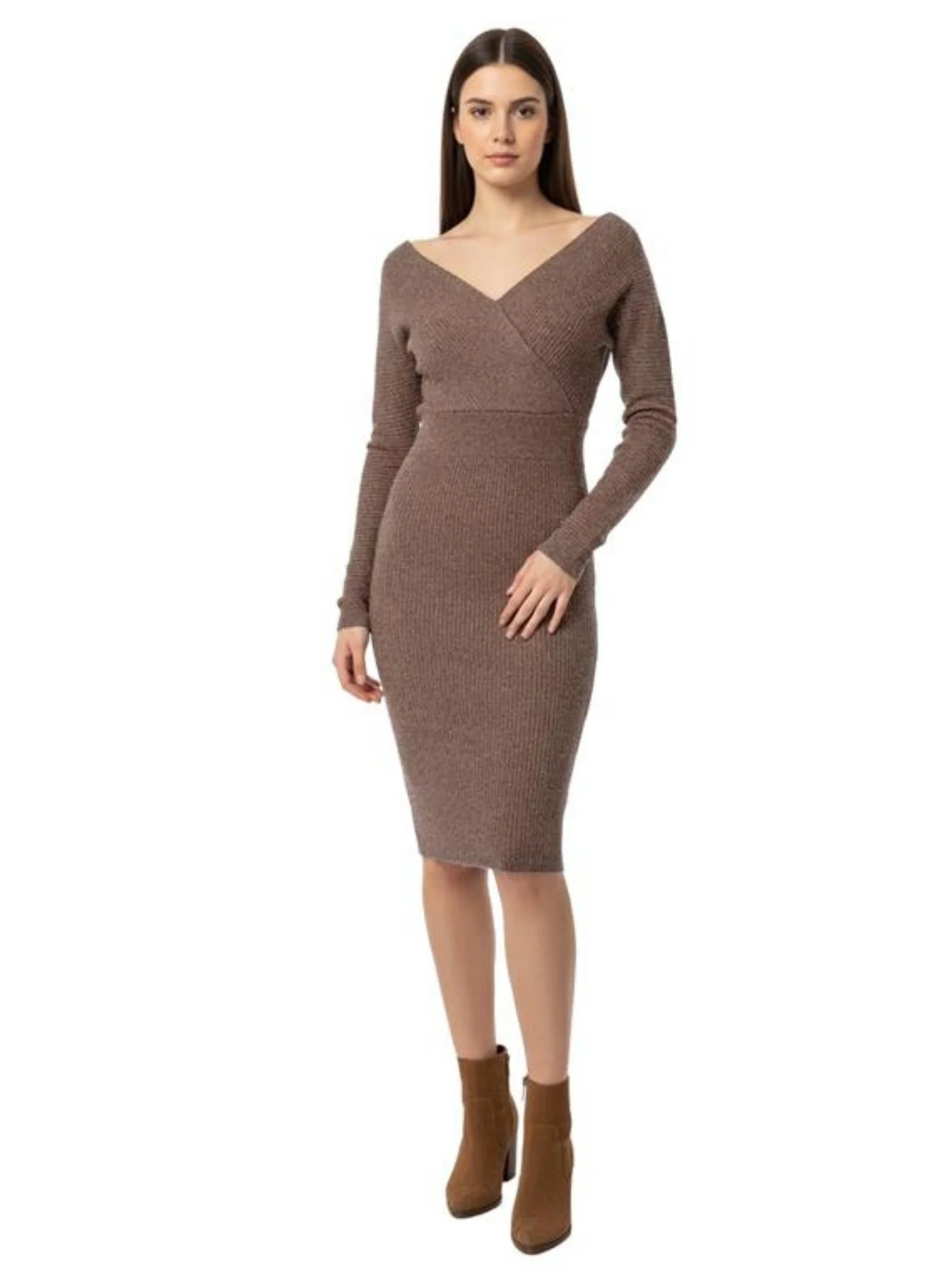 Brown V- Neck Fitted Dress - Image 3