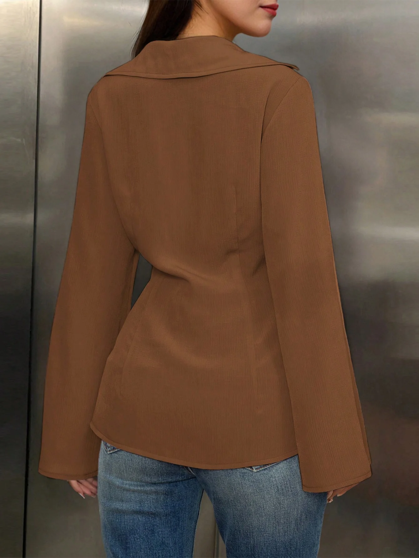 Brown V-Neck Long Sleeve Shirt - Image 2